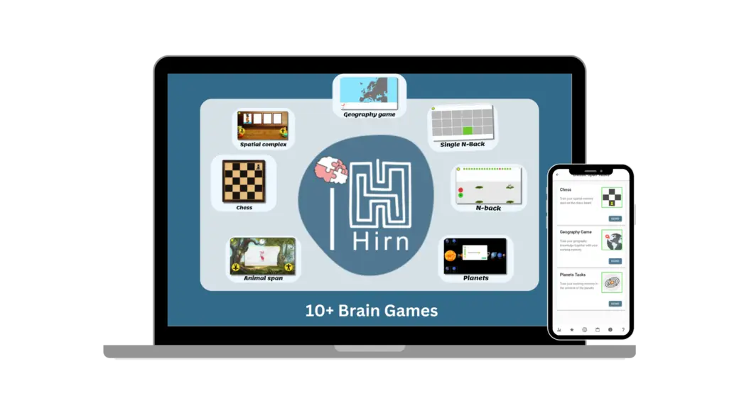 The image displays a digital interface showcasing "Hirn," featuring various brain games on a laptop and smartphone. Games include Chess, Geography Game, N-back, and Animal Span, highlighted to promote cognitive skills. The main title reads "10+ Brain Games," emphasizing the focus on mental challenges.