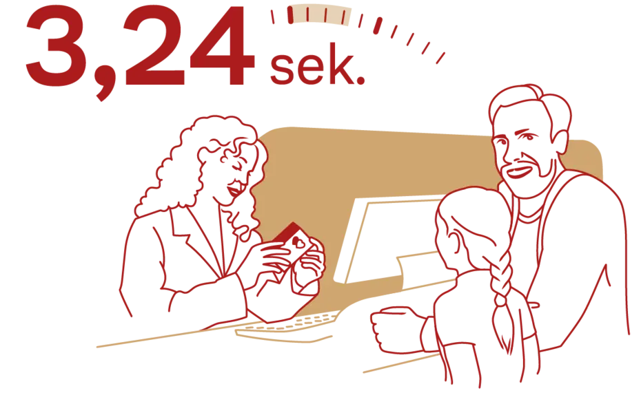 En kvinde i en blazer står ved et bord, hvor hun interagerer med to personer, en voksen mand og et barn. Der er en timeglasset indikator og teksten "3,24 sek." over dem, hvilket antyder en hastighed eller tid.