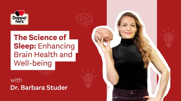 En kvinde holder en hjernemodel i hånden og præsenterer emnet "Søvnens videnskab: Forbedring af hjernehelse og velvære". Bagerst er der illustrationer af hjerner og glødepærer, der symboliserer idéer og indsigt. Dr. Barbara Studer er nævnt som præsentatoren.